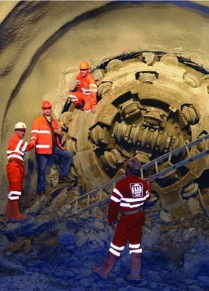 The crew celebrates the breakthrough of the Robbins TBM at the Milchbuck Safety Tunnel, December 2012.